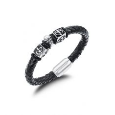 Oxhide Leather Bracelet-braided center skull Design